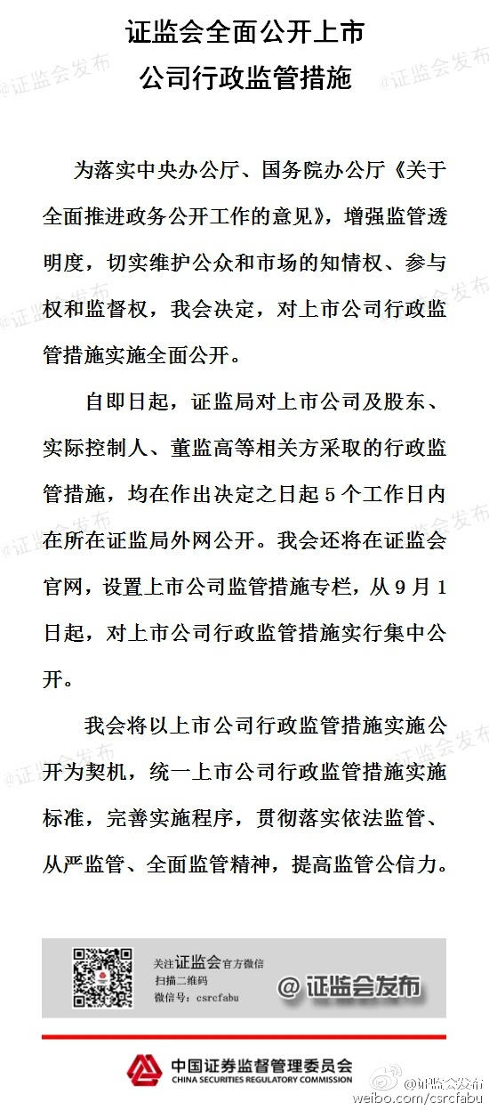 證監會：將全面公開上市公司行政監管措施