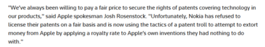諾基亞起訴蘋果侵犯專利權 蘋果回應：與諾基亞毫無關系
