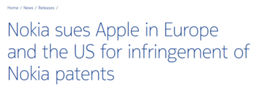 諾基亞起訴蘋果侵犯專利權 蘋果回應：與諾基亞毫無關系